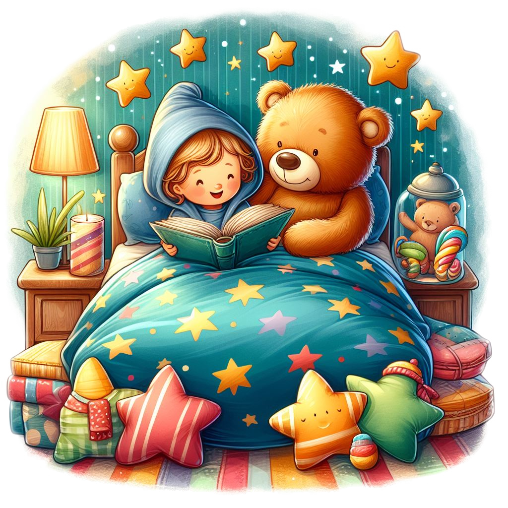 Dziecko z misiem zasypiające pod kołdrą w bajkowej scenerii